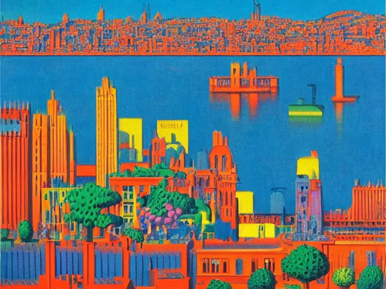 Prompt: colorfull barcelona city scape at water by rene magritte, kaws, moebius, pastell colours high detail, high resolution