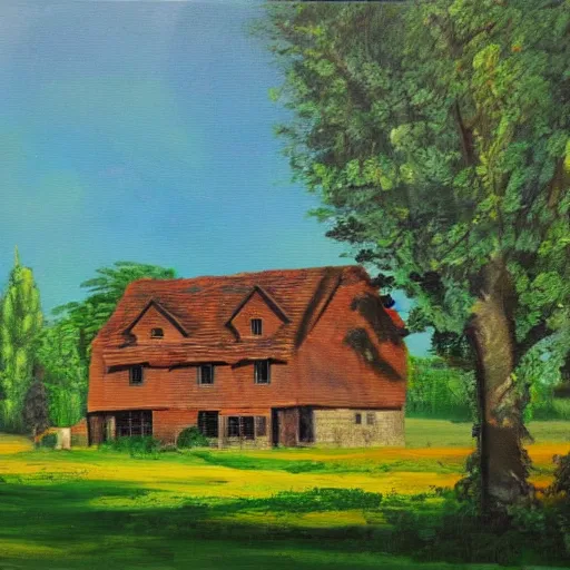 Image similar to house in the countryside on a sunny day, forest, detailed, peaceful, brush strokes, oil painting