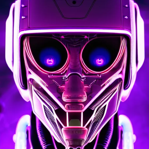 Prompt: Head of a robot with purple glowing eyes in cyberpunk neon Tokyo in style of Tsutomu Nihei. Cyberpunk, vertical symmetry, 8K, Highly Detailed, Intricate.