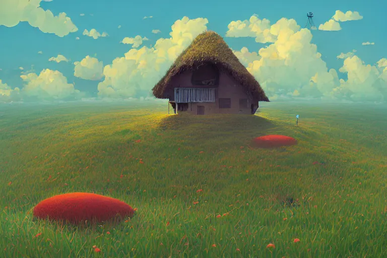 Image similar to surreal glimpse into other universe, floating island in the sky, a hut on a mound, summer morning, very coherent and colorful high contrast, art by gediminas pranckevicius, geof darrow, makoto shinkai, dark shadows, hard lighting