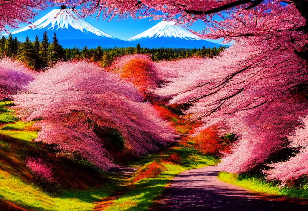 Image similar to a real photographic landscape painting with incomparable reality, wide angle, in forest, flowers, cherry blossom tree in full bloom, bright style, mount fuji, clearing, magnificent, artstation