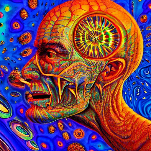 Image similar to Psychedelic DMT experience with inter-dimensional beings and insane trippy visuals in the style of an album cover by Howard Finster, Michael Cheval (unreal engine, 3d highly detailed, 8k, UHD, fantasy, dream, otherworldly, bizzare, spirals, colourful, vivid)