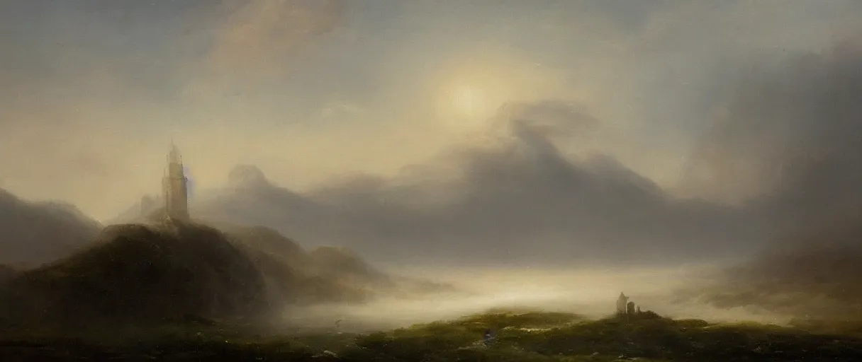 Image similar to an impossibly large tower rising from a sea of mist,evocative,romanticism landscape painting