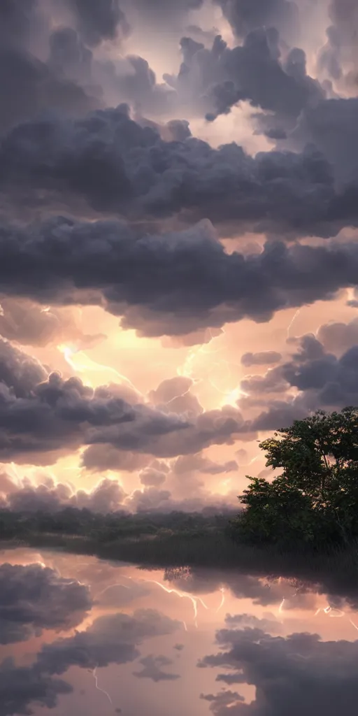 Prompt: storm cloud, lightning, sunrise, makoto shinkai, ultra wide angle, 8 k resolution, extremely detailed, beautiful, artistic, hyper realistic, octane render