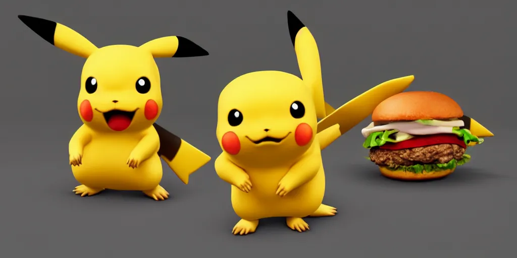 Prompt: a realistic Pikachu eating a hamburger, digital art, close shot, highly detailed, hyperrealistic, photorealistic, unreal engine 5, made by a professional 3d artist, dynamic lighting, trending on artstation, 4k uhd, epic composition