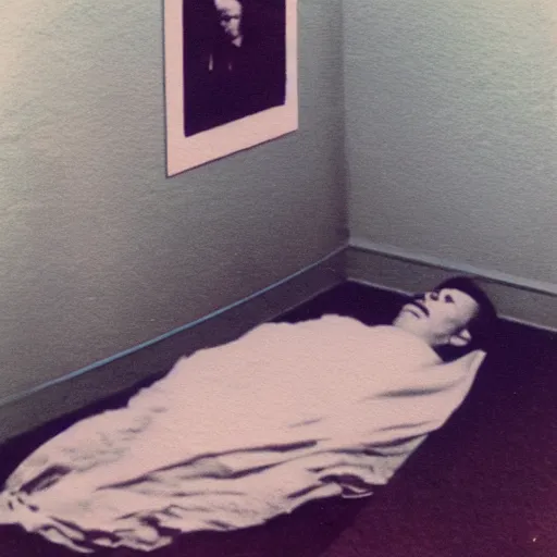 Image similar to coloured atmospheric polaroid photo of a with transparent corpse dead body floating in old living room interior