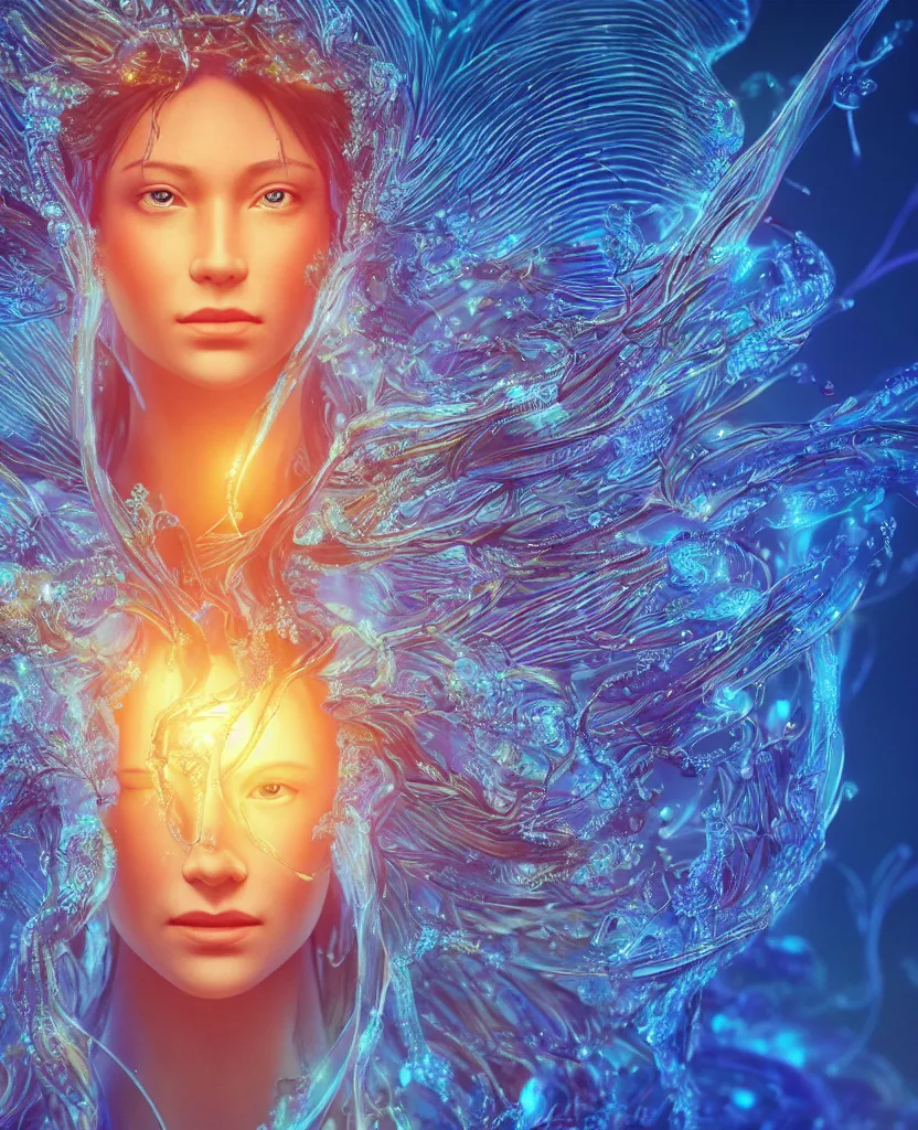 Image similar to close-up macro portrait of the face of a beautiful princess, epic angle and pose, symmetrical artwork, 3d with depth of field, blurred background, cybernetic jellyfish female face skull phoenix bird, translucent, nautilus, energy flows of water and fire. a highly detailed epic cinematic concept art CG render. made in Maya, Blender and Photoshop, octane render, excellent composition, cinematic dystopian brutalist atmosphere, dynamic dramatic cinematic lighting, aesthetic, very inspirational, arthouse. y Greg Rutkowski, Ilya Kuvshinov, WLOP, Stanley Artgerm Lau, Ruan Jia and Fenghua Zhong