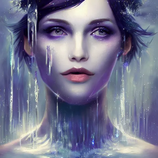 Image similar to masterpiece portrait of an aesthetic beautiful mage woman, ice spell, 3 0 years old woman, soft thin face, light eyes, black dynamic hair, wearing silver diadem with blue gems inlays, silver necklace, digital painting by wlop, atmospheric effects, chaotic blue sparks dynamics background, intricate, artstation, fantasy