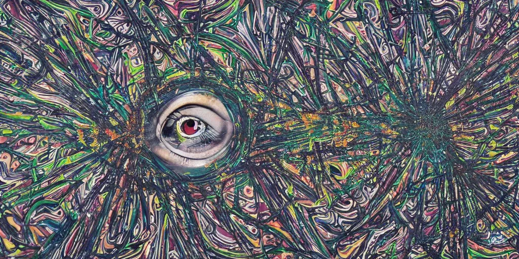 Image similar to deconstructed eye camo, technical, acrylic, centered burst, teeth, eerie, tribal, clay, dotting, lines, stipple, points, cybernetic, style of old painting, francis bacon art, sleep paralysis, hypnosis, eerie, terror, oil, neon, black and white, splotches, colorful dots, ominous, abstract