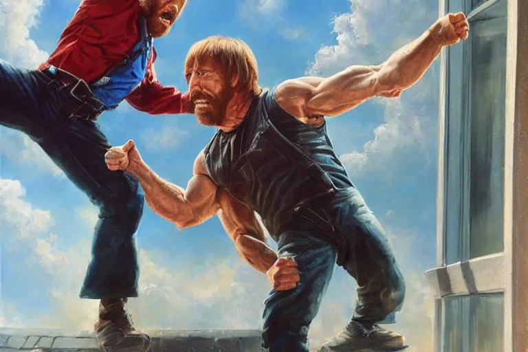 Prompt: chuck norris kicking out a window, an oil painting by ross tran and thomas kincade