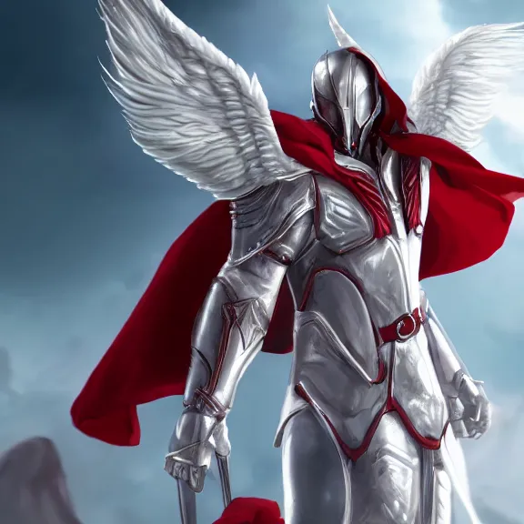 Image similar to cinematic full body shot of a male angel flying, white metallic armor, red cape, elegant pose, detailed arms, detailed white armor, two arms, two legs, detailed fanart, rpg art, d&d art, macro art, digital art, DeviantArt, artstation, 8k HD