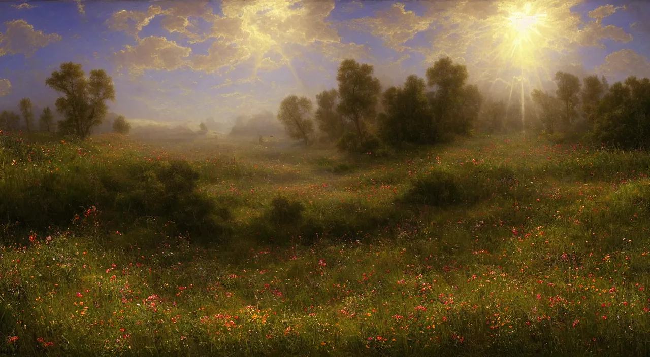 Prompt: rhythmic interval tectonic surfaces as resonant waves of harmonic organic mystical megastructure crystal lattices in a meadow full of wildflowers by albert bierstadt, by glen small, photorealistic, god rays, octane, depth of field,