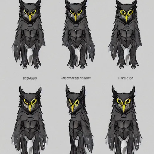 Image similar to mixture between an! owl and wolf, character reference sheet, featured on artstation