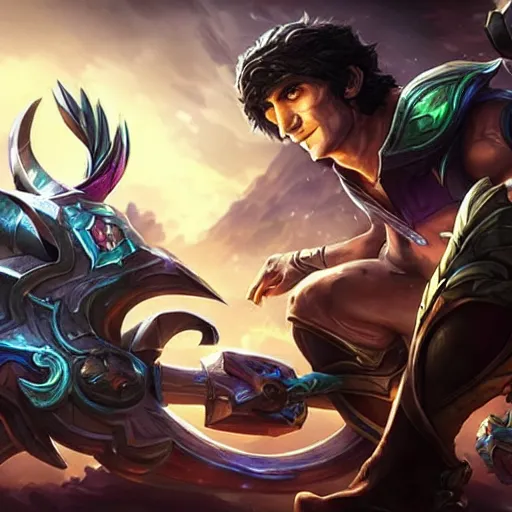 Image similar to todd howard league of legends skin splash art, with a background based on the game league of legends, detailed face