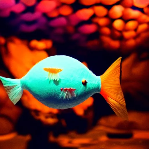 Image similar to a cotton candy fish. dramatic lighting.