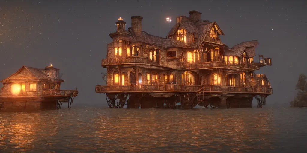 Prompt: photorealistic wide shot of a beautiful steampunk house that floats on the water in the moonlight, octane render, unreal engine 4k, volumetric light, fog, detailed