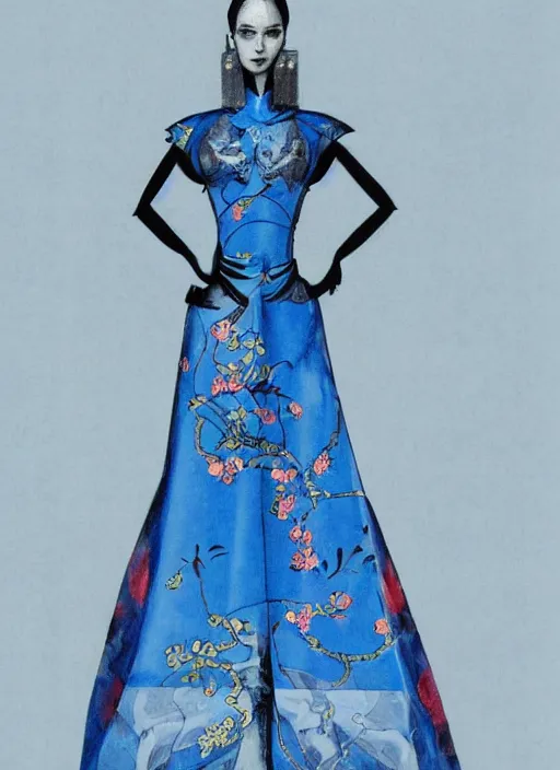 Image similar to blue qipao dress, fantasy illustration, concept art, dress design by alexander mcqueen