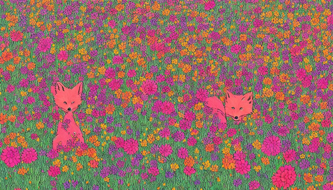 Image similar to pink fox head popping out of a field of multi colored flowers by moebius