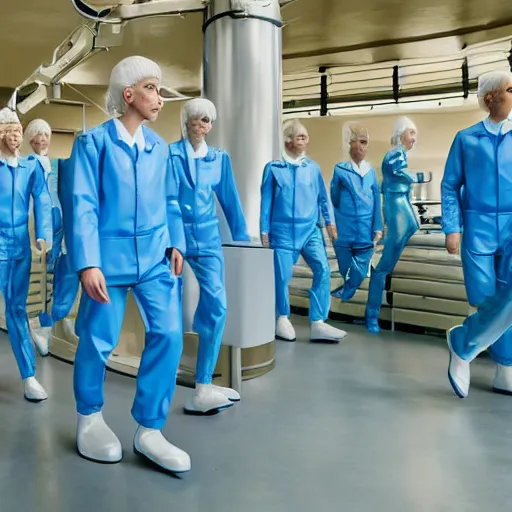 Image similar to troop in formation of athletic humans with light blue latex suits and white hair on a conveyor belt, futuristic chemistry lab, sci - fi, highly detailed, hyperrealistic