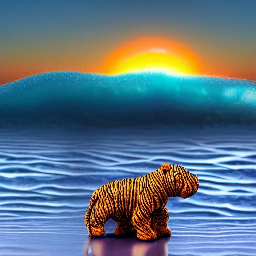 Image similar to a closeup photorealistic photograph of a knitted tiger hippopotamus that is riding a large wave during sunset. surf in the background. professional capture. brightly lit scene. this 4 k hd image is trending on artstation, featured on behance, well - rendered, extra crisp, features intricate detail, epic composition and the style of unreal engine.