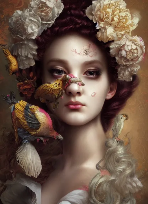 Image similar to pop surrealism, rococo, baroque hair, young female bird seductive - fine - face, pretty face, key visual, realistic shaded perfect face, fine details by stanley artgerm lau, wlop, mark ryden, trevor brown, andrei riabovitchev, marc simonetti, and sakimichan, trending on artstation