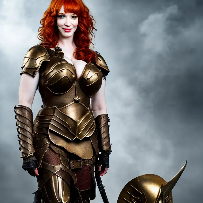 Image similar to full length photograph of a real-life christina hendricks as a valkyrie warrior, Extremely detailed. 8k