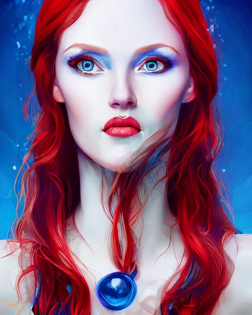 Image similar to a portrait of a beautiful woman with blue eyes and red hair, centered face, highly surrealistic art in the style of Salvador Dali and Ross Tran, highly detailed, trending on artstationhq