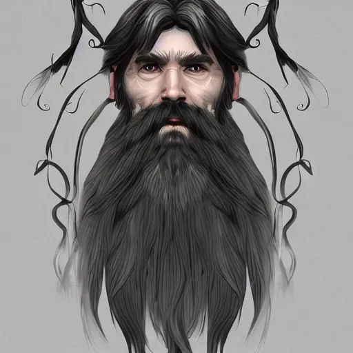 Image similar to middle aged bearded male druid gray face pointy ears with vines as hair artstation