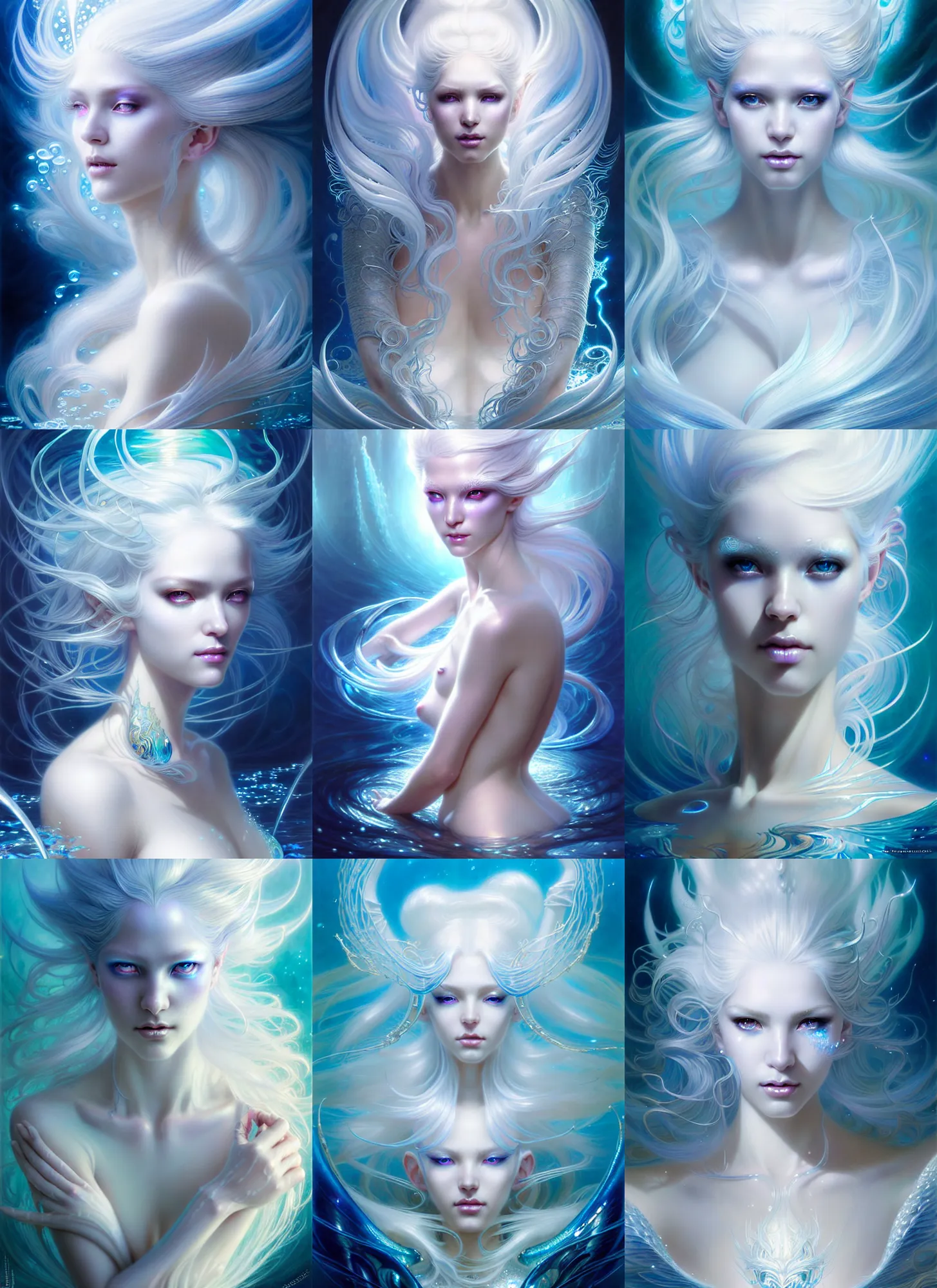 Prompt: ultra realistic beautiful glowing sparkling shimmering ethereal white hair submerged in water fantasy art, elegant hair, complex design hair, ultra realistic, wide angle, intricate details, fantasy artifacts, highly detailed by peter mohrbacher, hajime sorayama, wayne barlowe, boris vallejo, aaron horkey, gaston bussiere, craig mullins