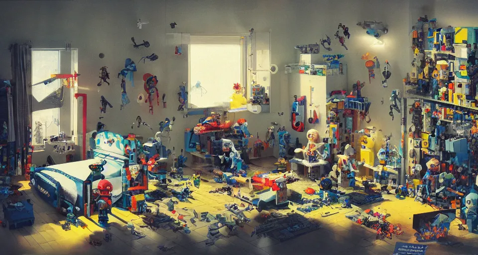 Image similar to IKEA catalogue photo, cyberpunk childrens bedroom, toys, lego, robots, drawings by Beksiński