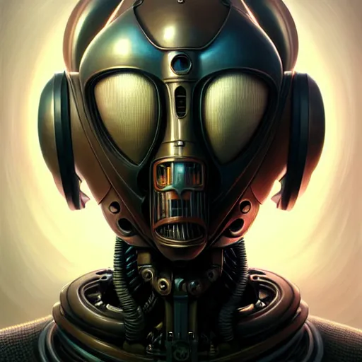 Image similar to low angle portrait shot of a cyberpunk gazmask robot character, intricate, elegant, highly detailed, centered, digital painting, artstation, concept art, smooth, sharp focus, illustration, artgerm, Tomasz Alen Kopera, Peter Mohrbacher, donato giancola, Joseph Christian Leyendecker, WLOP, Boris Vallejo