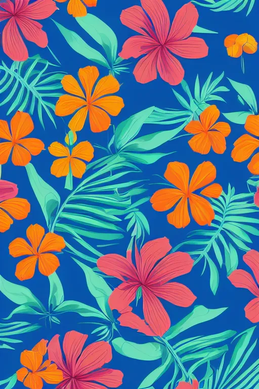 Prompt: detailed Vector illustration of tropical flowers with multiple cohesive colors ranging from warms blues to bright oranges, ((dark blue background)), 4K resolution