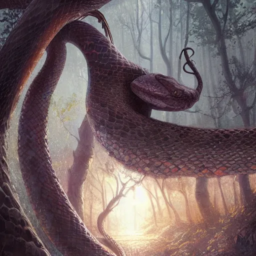 Prompt: a snake as tree, with eyes and tongue, by greg rutkowski, magic the gathering, highly detailed, matte painting, digital art
