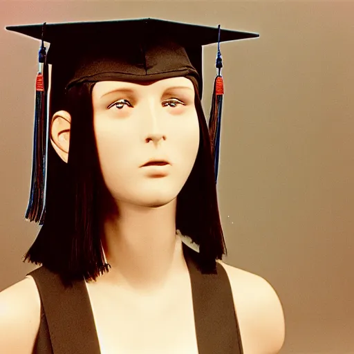 Image similar to high school graduation photo of a humanoid replicant 1 9 9 1, studio photography, mall photography