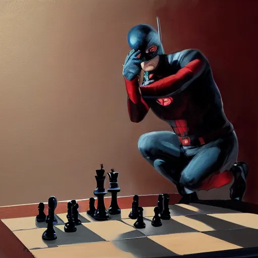 Prompt: painting of daredevil pondering next to a chess set, octane, painting by greg ruthowski, artstation, marvel