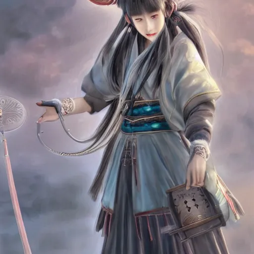 Image similar to ultra-detailed, amazing details, grayish palette, Three Kingdoms vibes and Tao vibes, HD semirealistic anime CG concept art digital painting of a Japanese schoolgirl, by a Chinese artist at ArtStation, by Huang Guangjian, Fenghua Zhong, Ruan Jia, Xin Jin and Wei Chang. Realistic artwork of a Chinese videogame, gentle an harmonic colors.