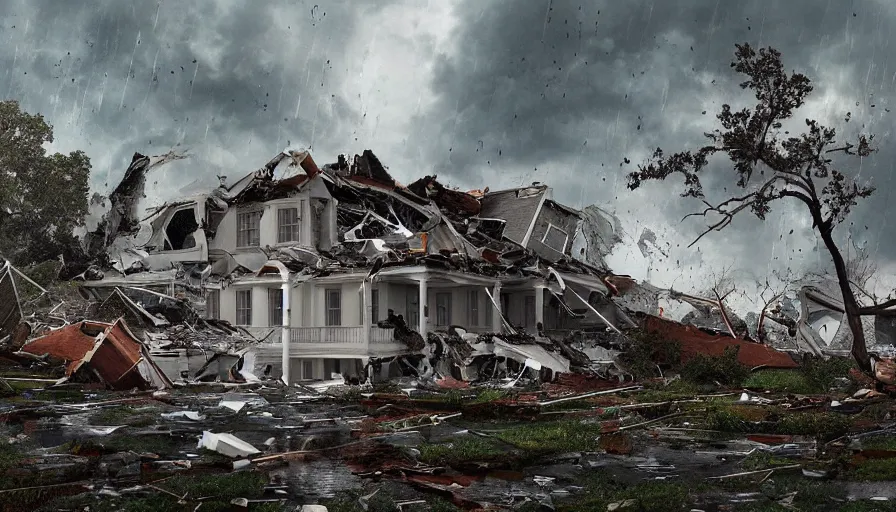 Prompt: white house destroyed by tornado, thunderstorm, rain, debris, black clouds, hyperdetailed, artstation, cgsociety, 8 k