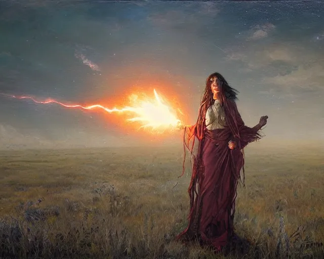 Prompt: sorceress casting powerful meteor spell in the plains. highly detailed painting by seb mckinnon 8 k