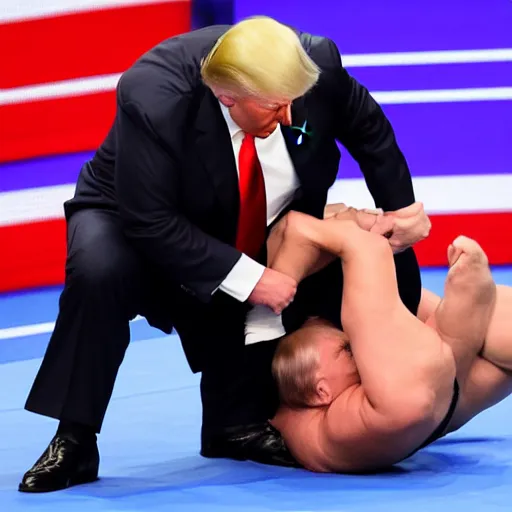 Image similar to donald trump suplex vladimir putin, wrestling ring, vivid, colorful