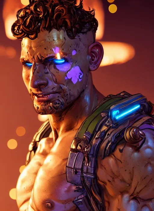 Image similar to glowwave portrait of curly hair muscular man from borderlands 3, au naturel, hyper detailed, digital art, trending in artstation, cinematic lighting, studio quality, smooth render, unreal engine 5 rendered, octane rendered, art style by klimt and nixeu and ian sprigger and wlop and krenz cushart.