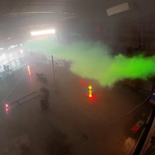 Prompt: wide angle shot from above, muted-neon-color-smoke wisps waft on a current of air through a low energy cluttered parlor and coalesce onto the floor into a close-up outline reminiscent of a high-energy racing horse crossing the finish line.