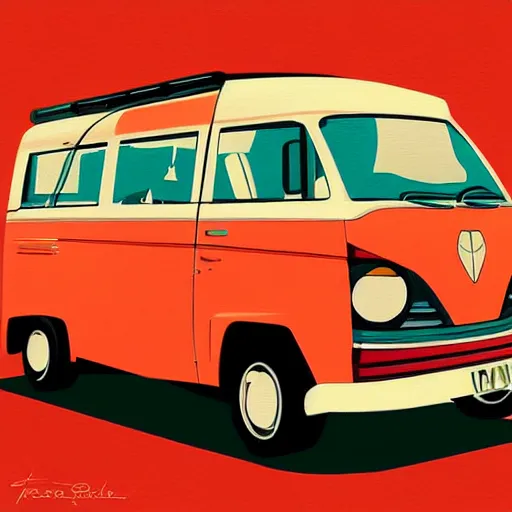 Image similar to retro painting illustration of a volswagen van, 2 d, pastel color, retro style art, trendy on artstation