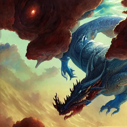 Prompt: Gigantic blue scaled dragon devouring an earth like planet while flying in space, sun system, nebula, behemoth, oil painting, by Fernanda Suarez and Edgar Maxence and Greg Rutkowski
