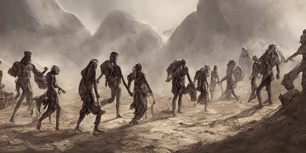 Prompt: a group of roman explorers walk through an alien desert filled with pools of poisonous sulphur, concept art, surreal,