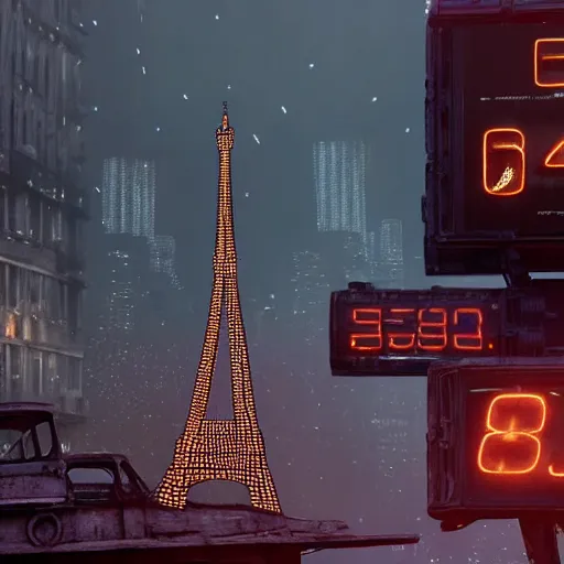 Image similar to A beautiful intricate 8K award-winning ground-level cinematic movie photograph of the future rusting remains of Eiffel Tower, surrounded by neon and collapsing corporate video billboard displays. in the year 2050, by Bruno Delbonnel and greg rutkowski. octane render, Arri Alexa 65. Cinematic lighting