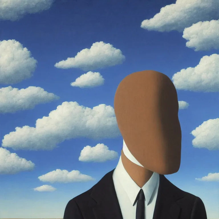 Image similar to portrait of a faceless shadow - head man in a suit, clouds in the background, by rene magritte, detailed painting, distance, centered, hd, hq, high resolution, high detail, 4 k, 8 k