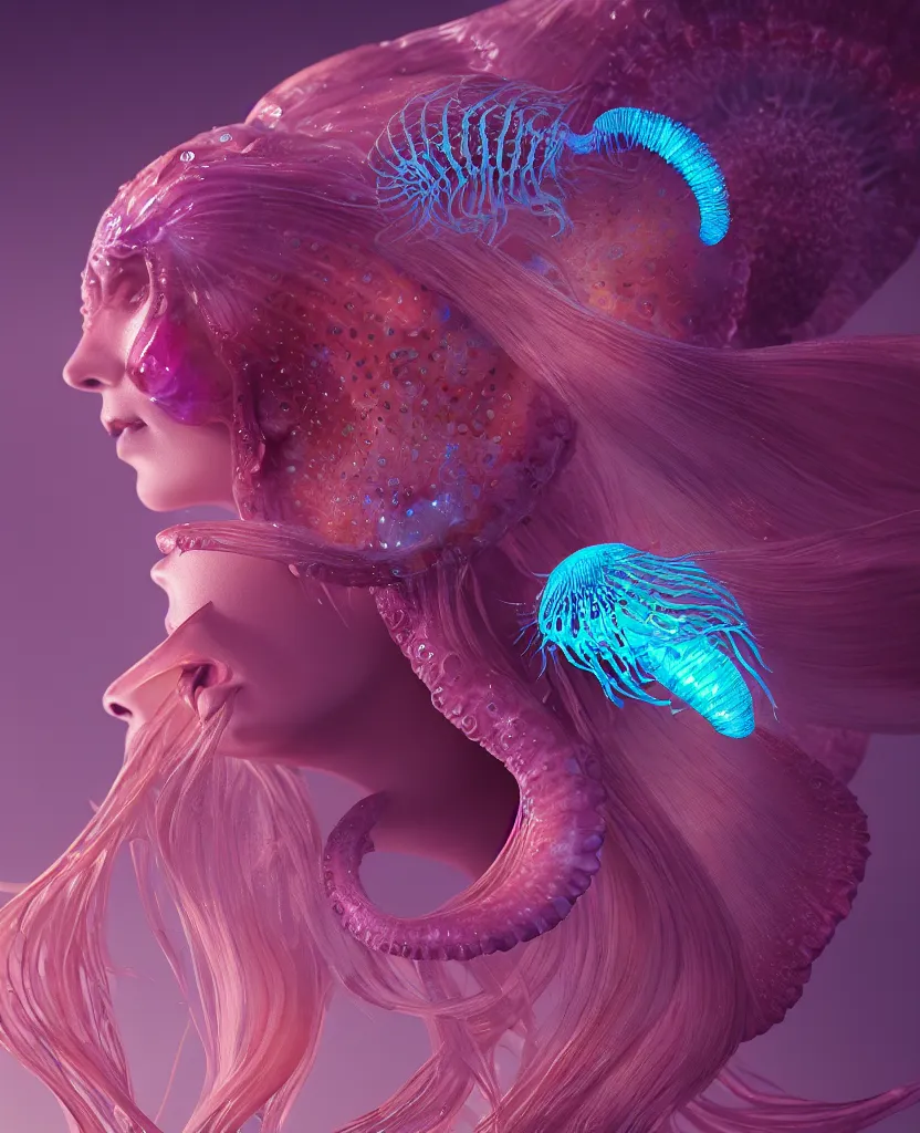 Image similar to goddess close-up portrait. orchid jellyfish phoenix head, nautilus, skull, betta fish, bioluminiscent creatures, intricate artwork by Tooth Wu and wlop and beeple. octane render, trending on artstation, greg rutkowski very coherent symmetrical artwork. cinematic, hyper realism, high detail, octane render, 8k