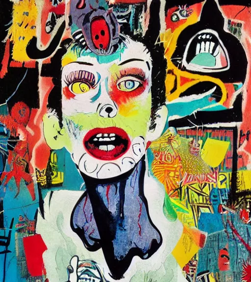 Prompt: acrylic painting of a bizarre nightmare woman in front of an aquarium in tokyo, mixed media collage by basquiat and jackson pollock, maximalist magazine collage art, retro psychedelic illustration, 1 9 4 0 s