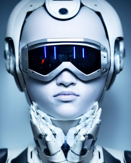 Image similar to centered portrait of soulful young shari headly as a solarpunk mecha humanoid robotic parts wearing crystal goggles with bright led lights, real human face, pudica gesture bouguereau style, in white room, ultra - realistic and intricate, soft portrait shot 8 k