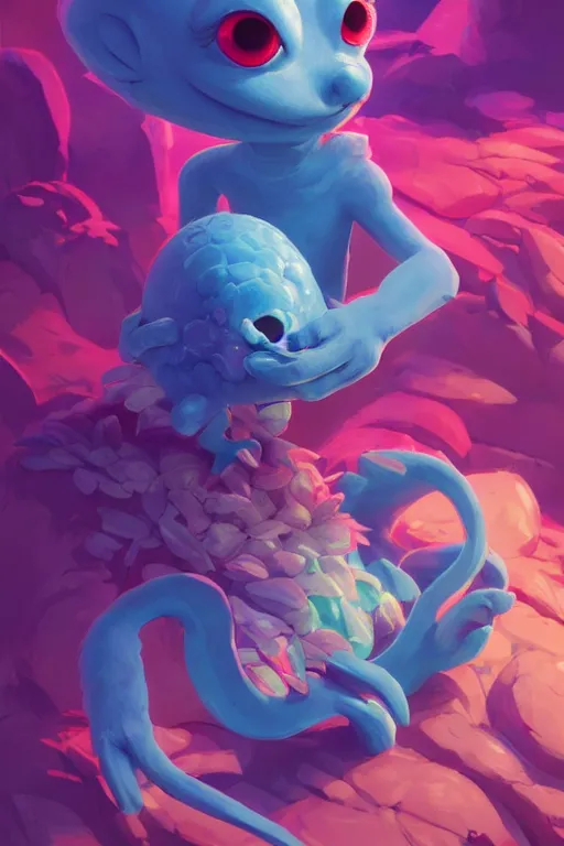 Image similar to smurf ghost creature animal sushi cristal very big eye roots cactus elemental flush of force nature micro world fluo fishscale, behance hd by jesper ejsing, by rhads, makoto shinkai and lois van baarle, ilya kuvshinov, rossdraws radiating a glowing aura global illumination ray tracing hdr